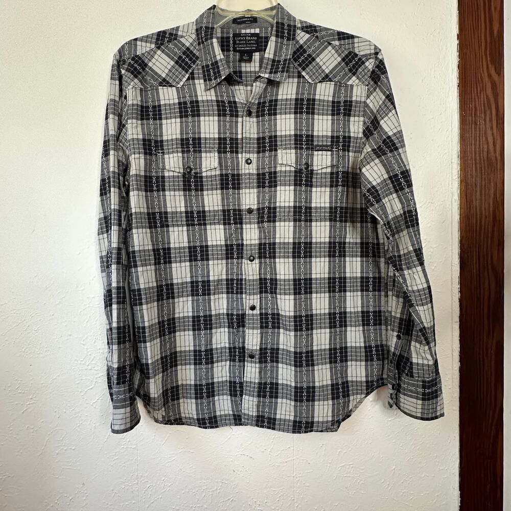 Lucky Brand Black Label Men's California Fit Gray Plaid Pearl Snap Shirt Large